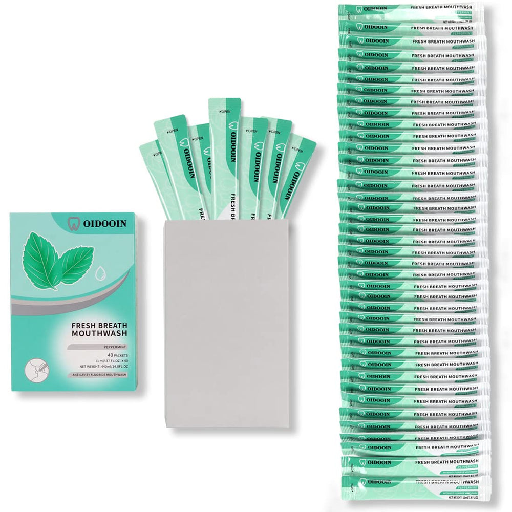 Opened travel mouthwash sachet showing tear-open design