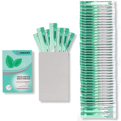 Opened travel mouthwash sachet showing tear-open design