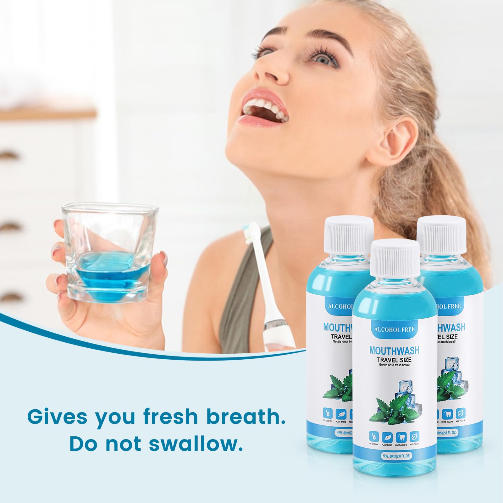 Non-alcoholic mint mouthwash in individual 80ml bottles