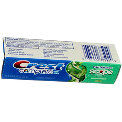Travel-ready Crest Complete Whitening Plus Scope toothpaste pack in carry-on setup