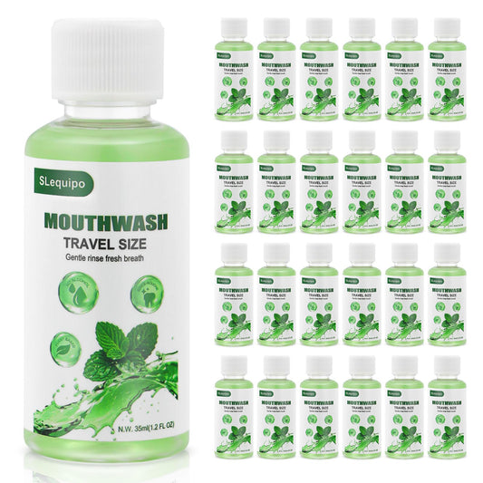 Front view of travel-size mint mouthwash 35ml bottle in a 10-pack