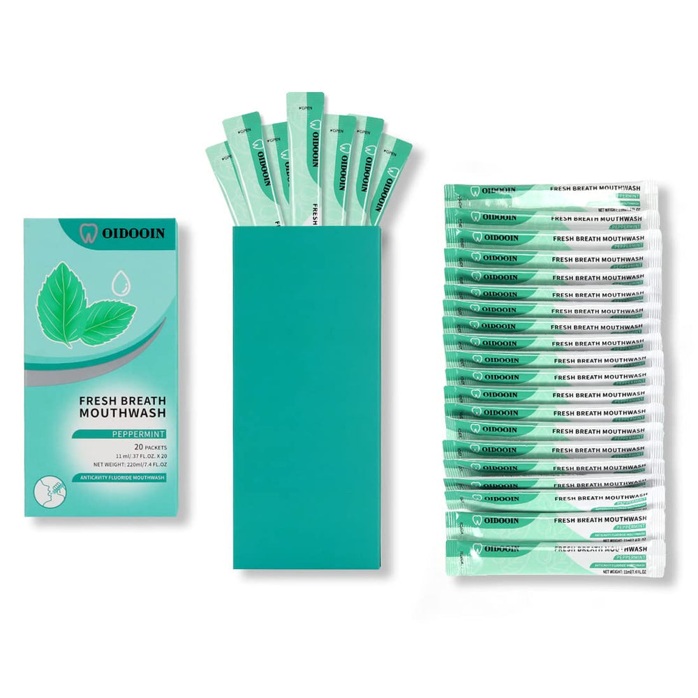 Close-up of a single 0.4 fl oz travel mouthwash sachet