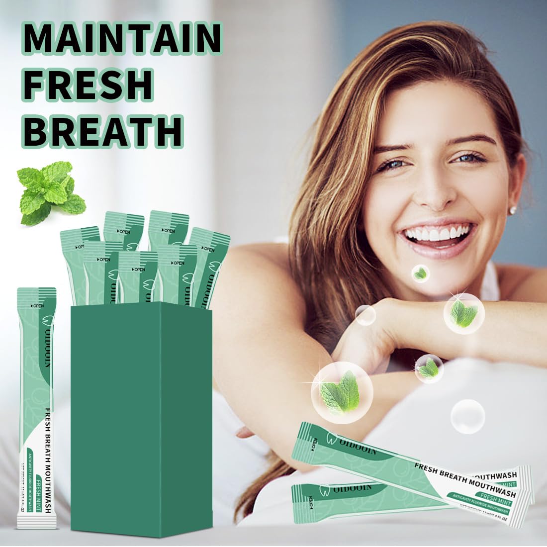 Minty fresh breath representation with mouthwash liquid