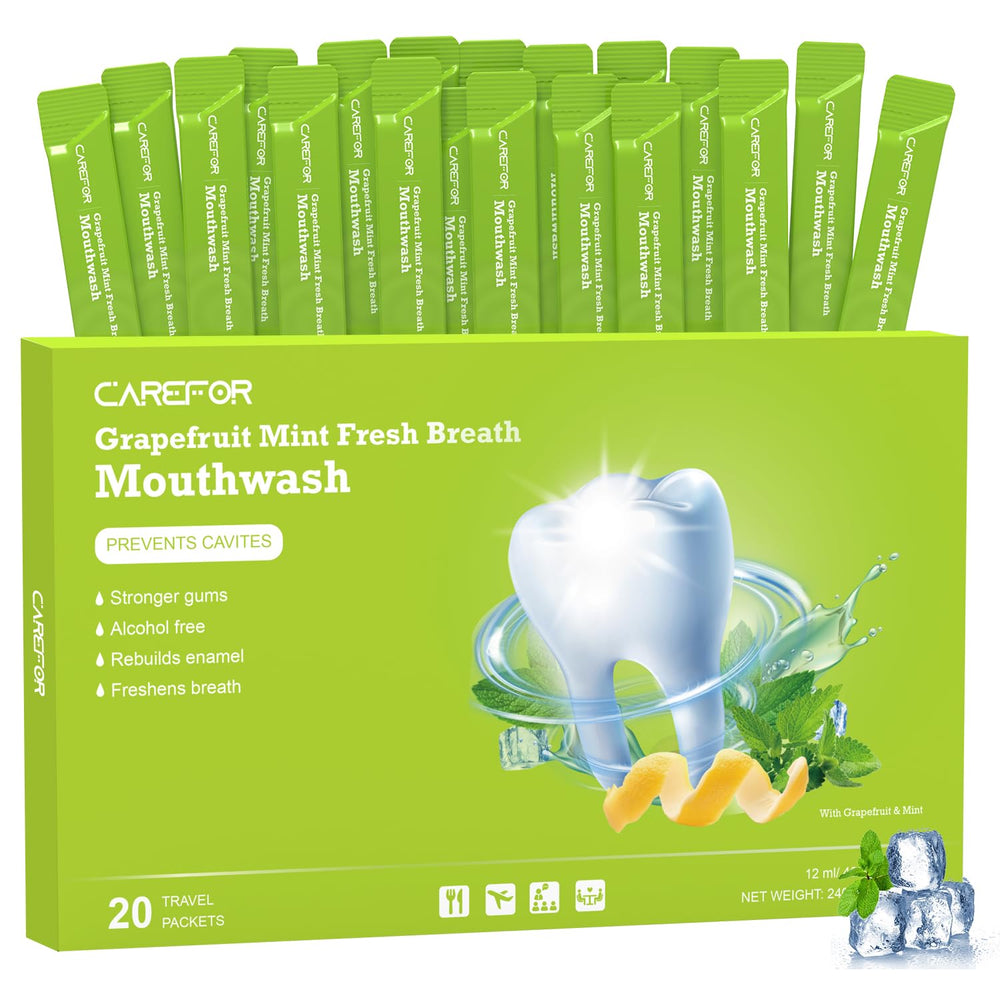Travel size mouthwash packets in grapefruit mint flavor