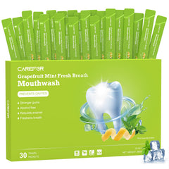 Travel size mouthwash packets with grapefruit mint flavor