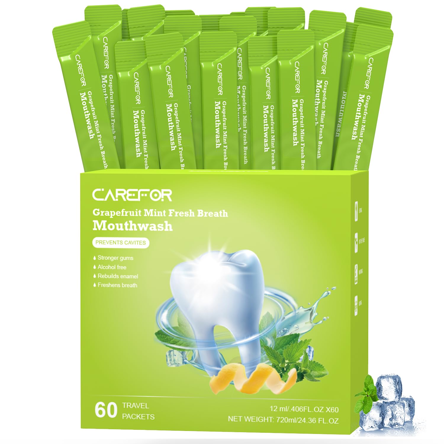 Front view of travel-size mouthwash packets in a 60-pack