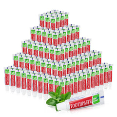 Front view of travel size toothpaste bulk pack containing 240 individual tubes