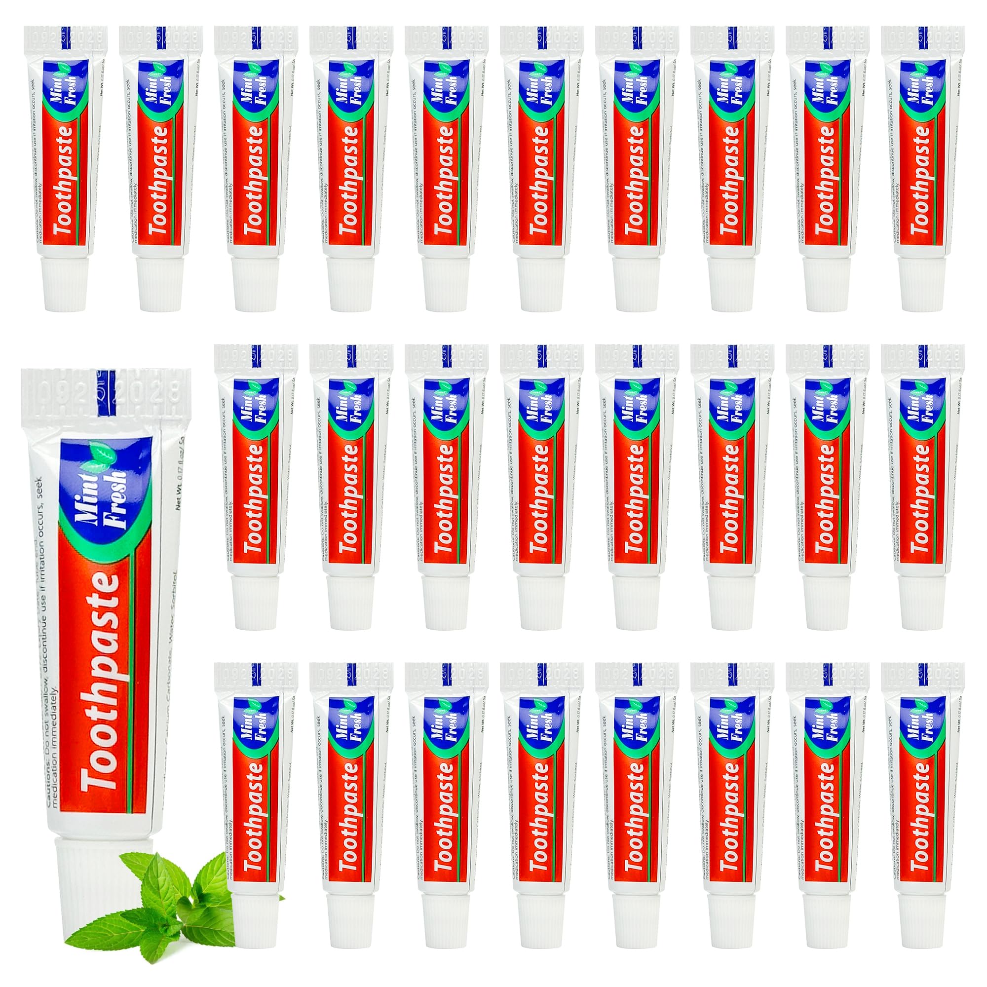 100 travel-size toothpaste tubes in mint flavor, bulk 5g packaging