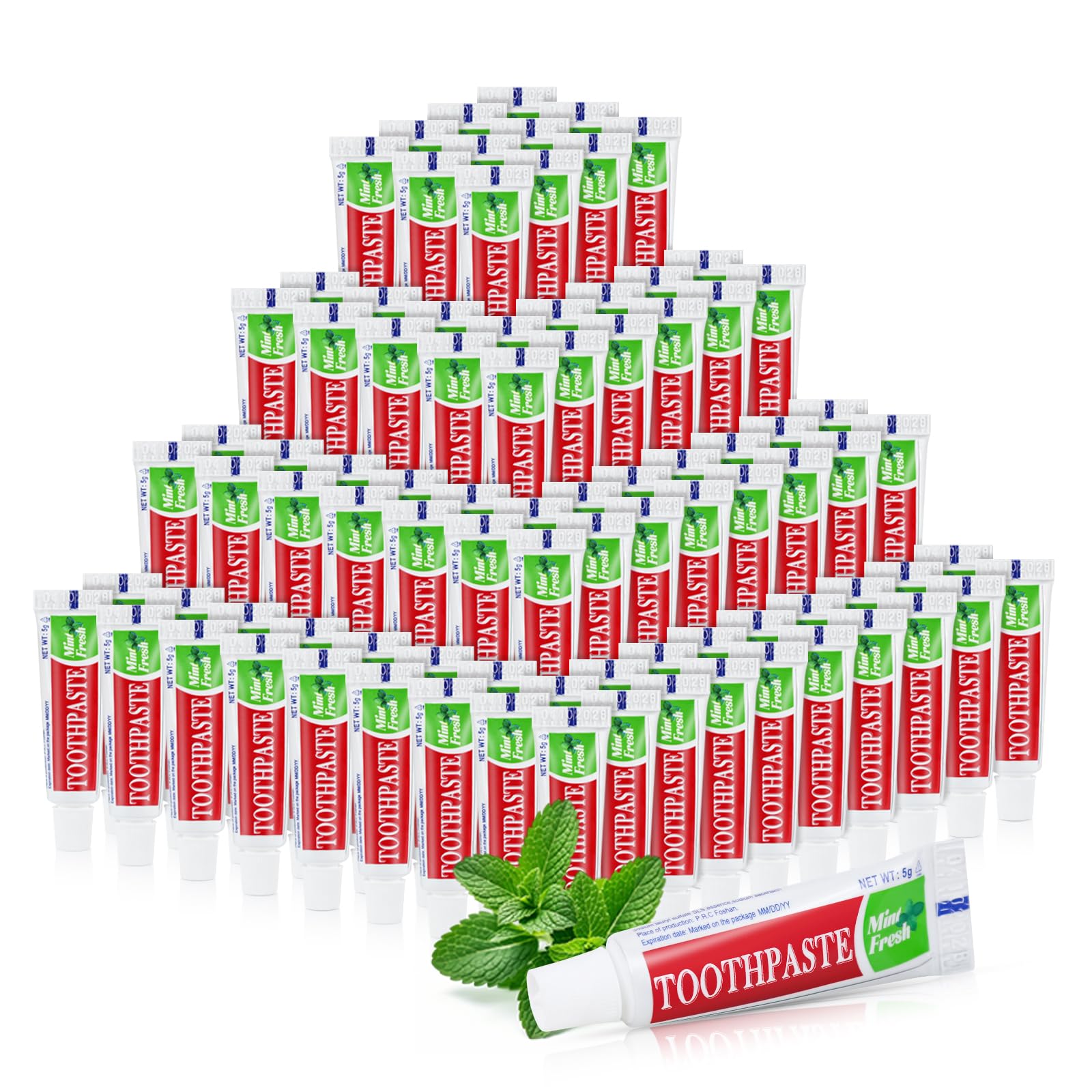 Front view of travel-size toothpaste bulk pack showing 120 tubes