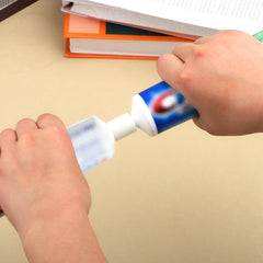 Travel bathroom accessory: toothpaste transfer tool and adapters