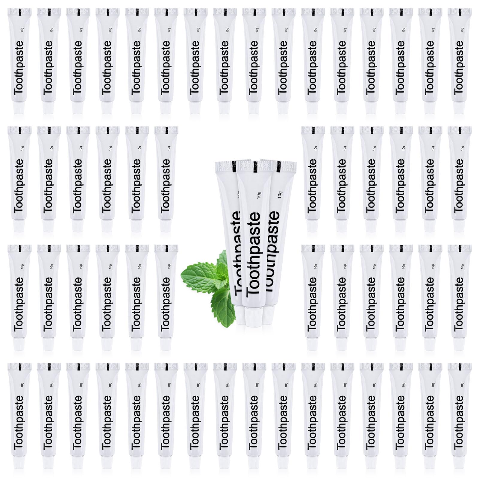 Front view of travel toothpaste bulk 50-pack white tubes