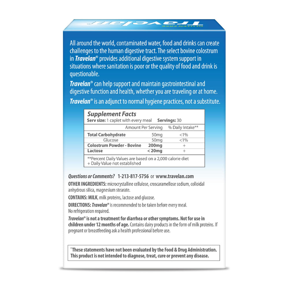 Travelan 60-count blister image shows family-friendly supply for longer trips and group travel.