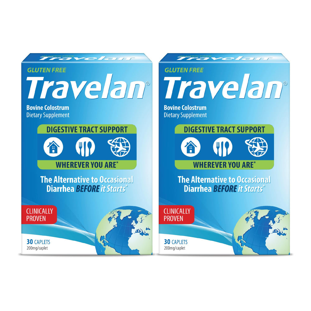 Travelan bottle and blister pack shown for convenient travel diarrhea prevention on trips.