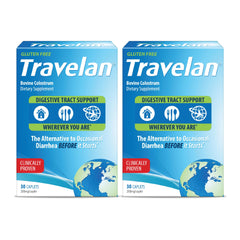 Travelan bottle and blister pack shown for convenient travel diarrhea prevention on trips.
