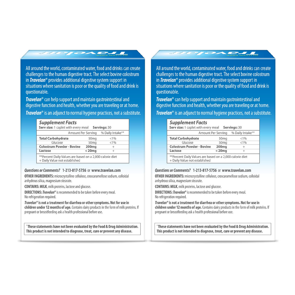 Travelan Immuron label closeup emphasizes trusted biopharmaceutical origin.