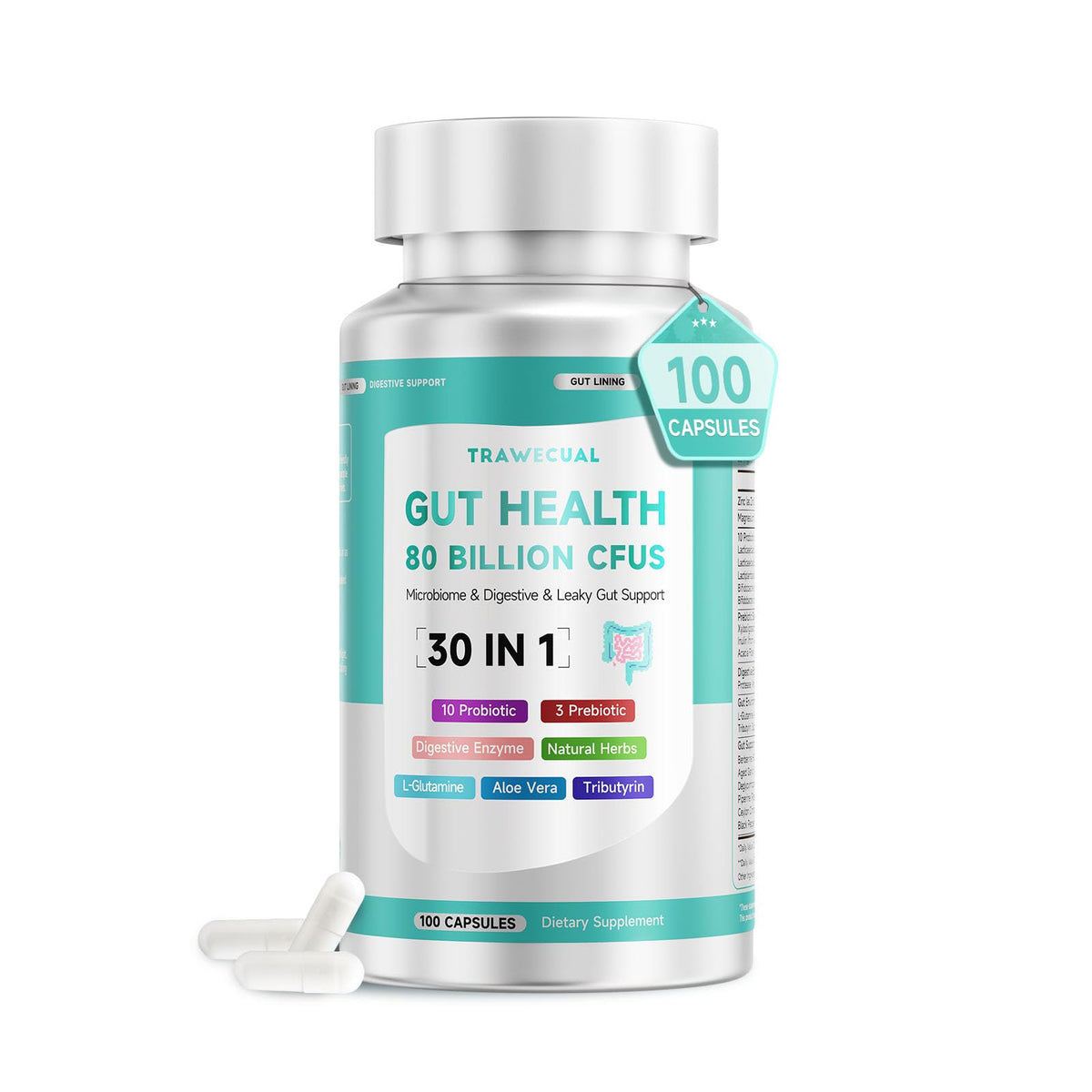 Trawecual Gut Health Capsule bottle with capsules