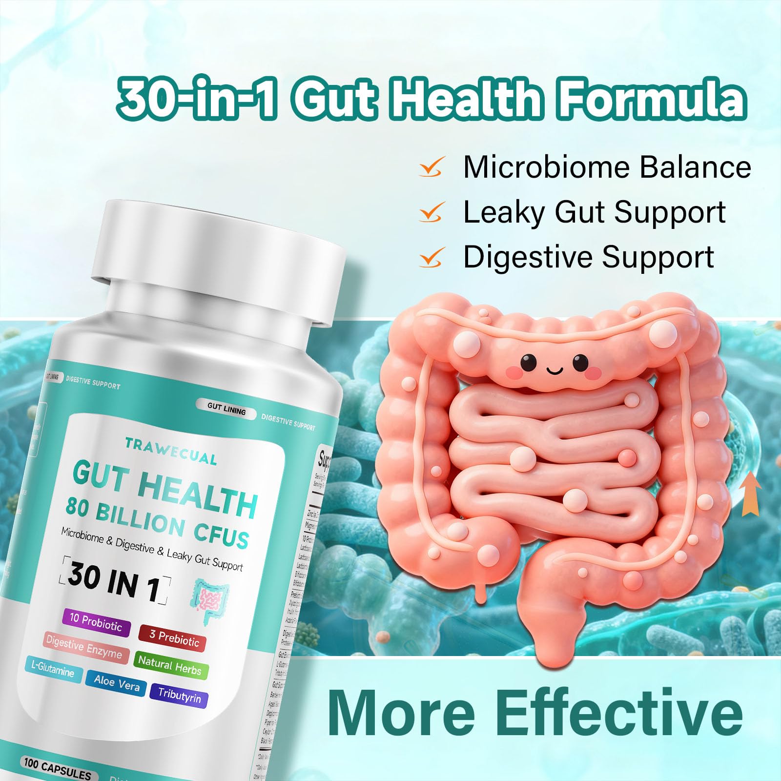 Graphic illustrating 30-in-1 gut health formula with prebiotics
