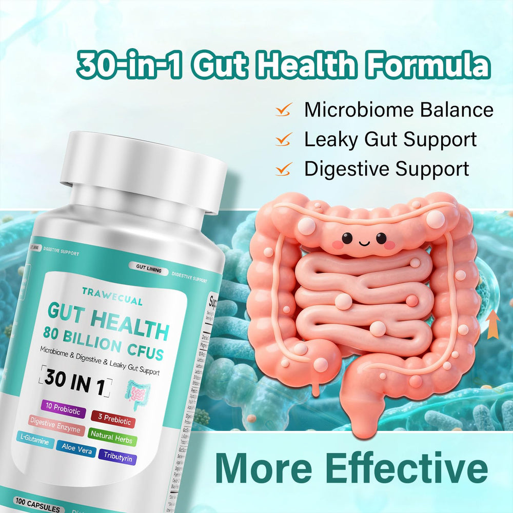 Graphic illustrating 30-in-1 gut health formula with prebiotics