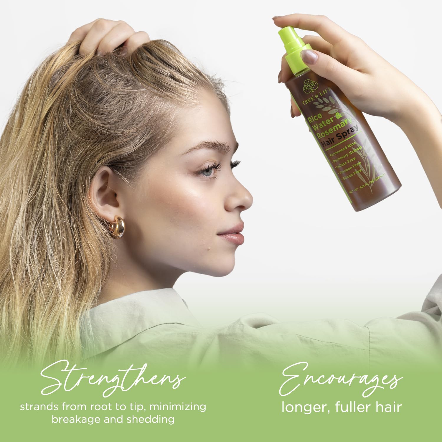 Tree of Life Beauty caffeine boost spray supports strand strengthening without weigh-down.