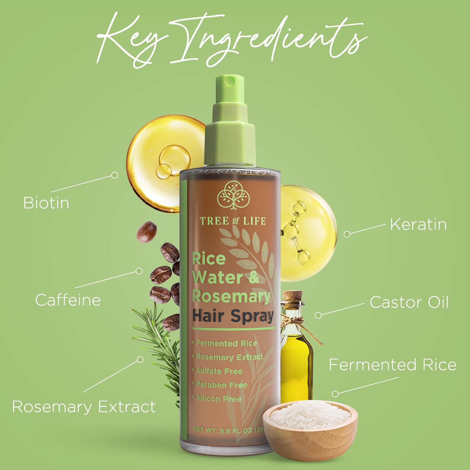 Tree of Life Beauty rosemary water spray highlights a lightweight, non-greasy formula.