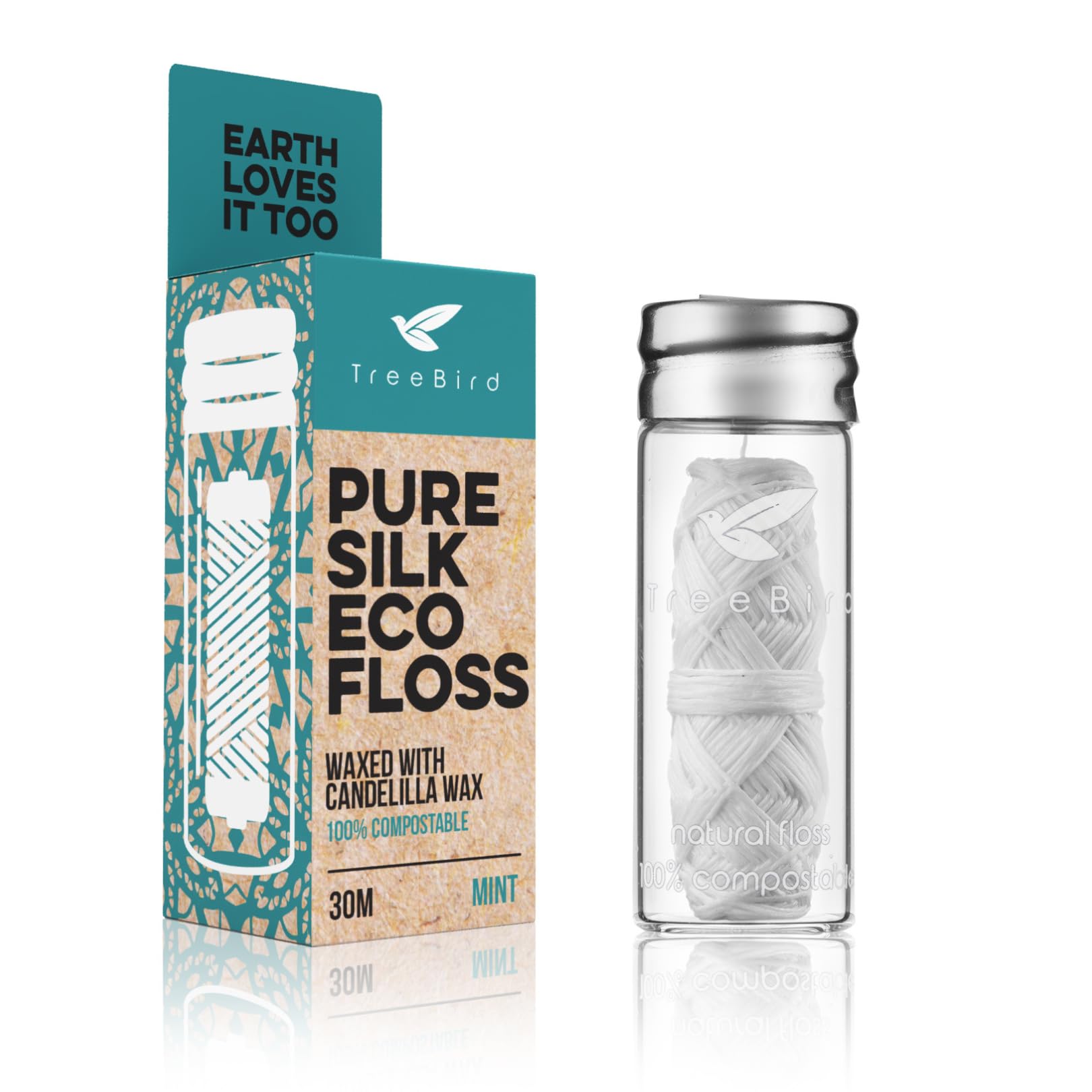 TreeBird Pure Silk Eco Floss in refillable glass dispenser with mint flavor