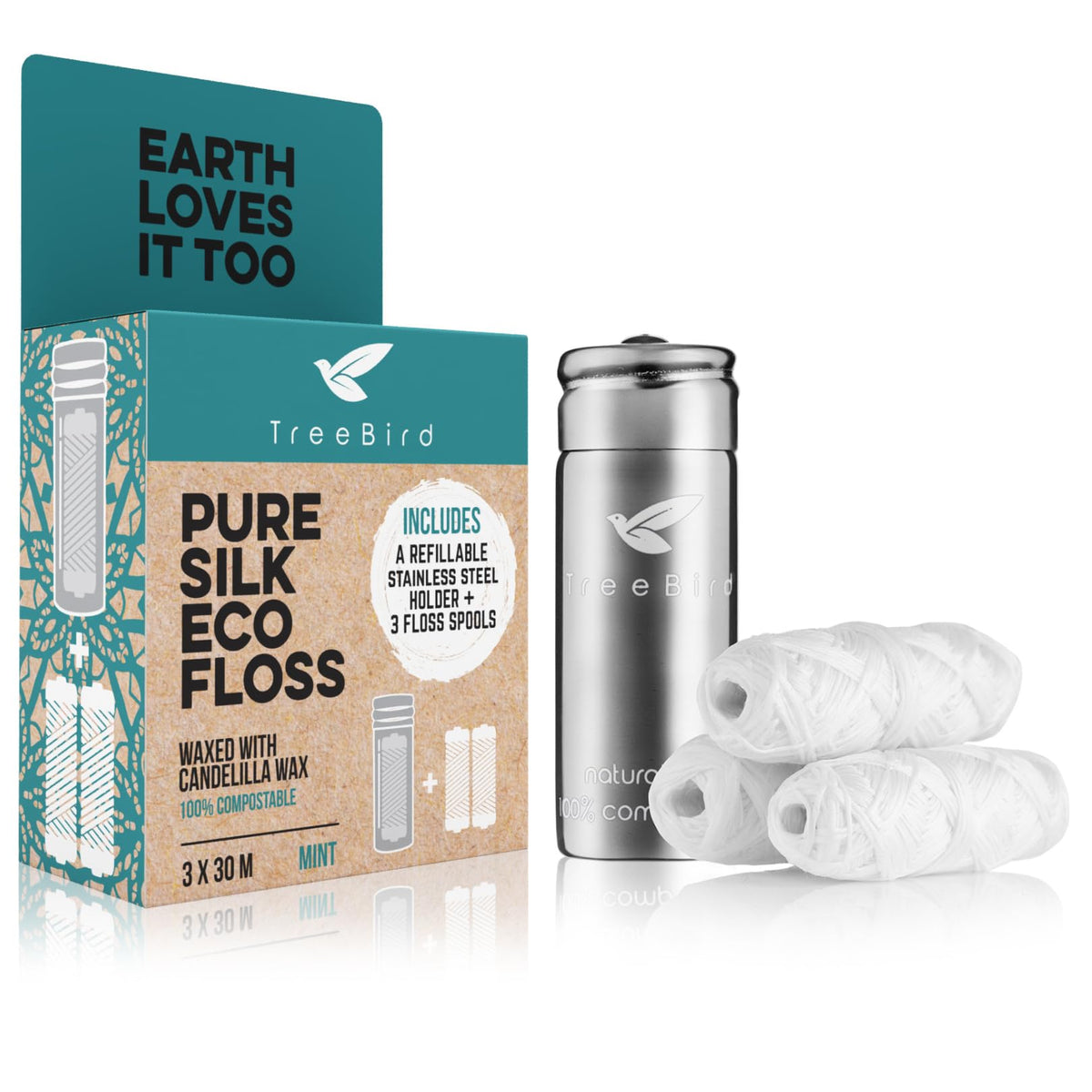 TreeBird Pure Silk Eco Floss Kit stainless steel dispenser