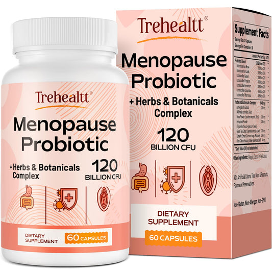 Trehealtt menopause probiotic bottle with 60 capsules for daily gut support.