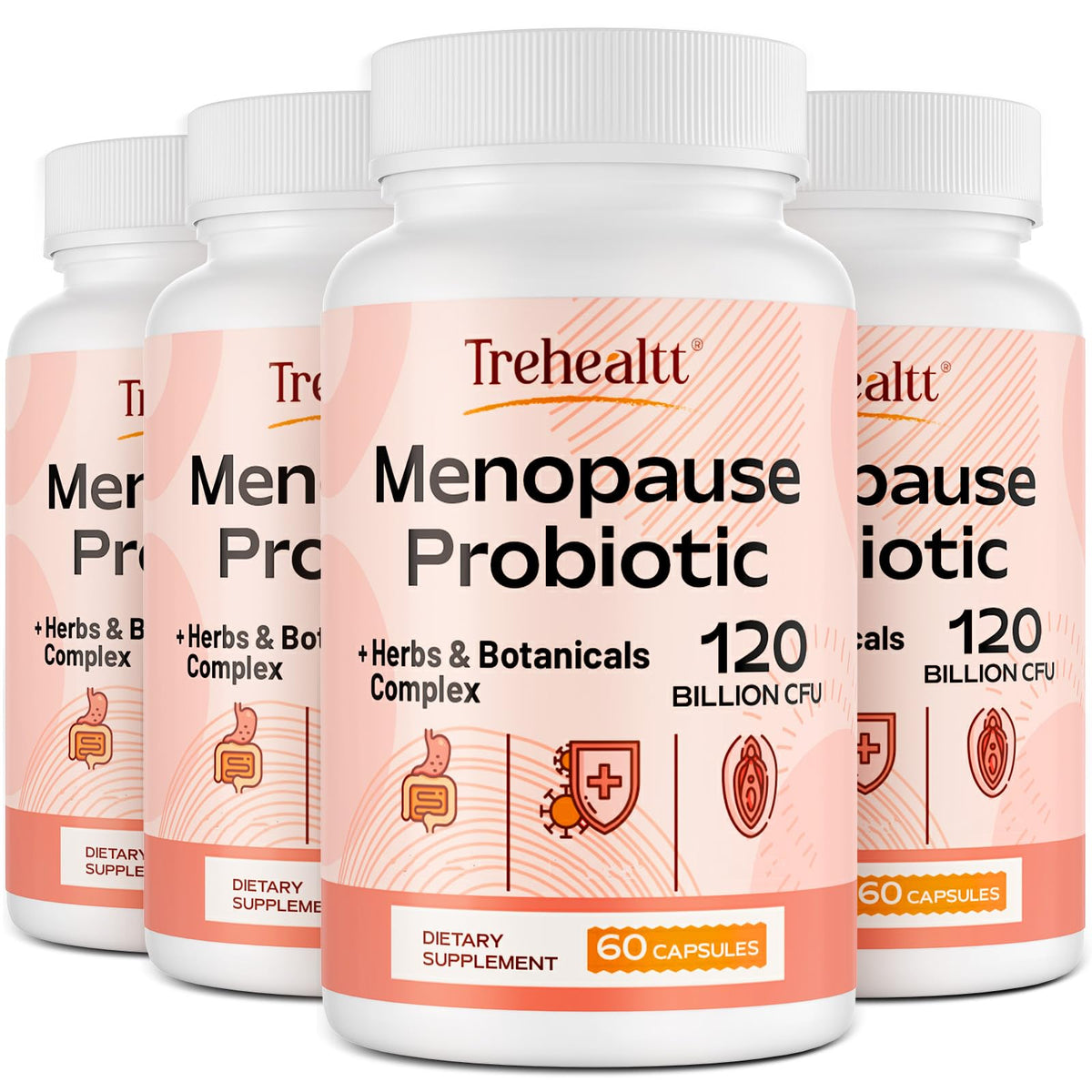 Trehealtt menopause probiotic bottle showing 120B CFU gut support