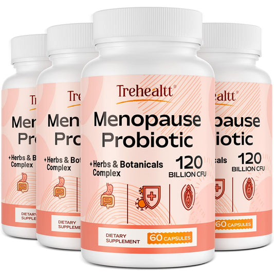 Trehealtt menopause probiotic bottle showing 120B CFU gut support