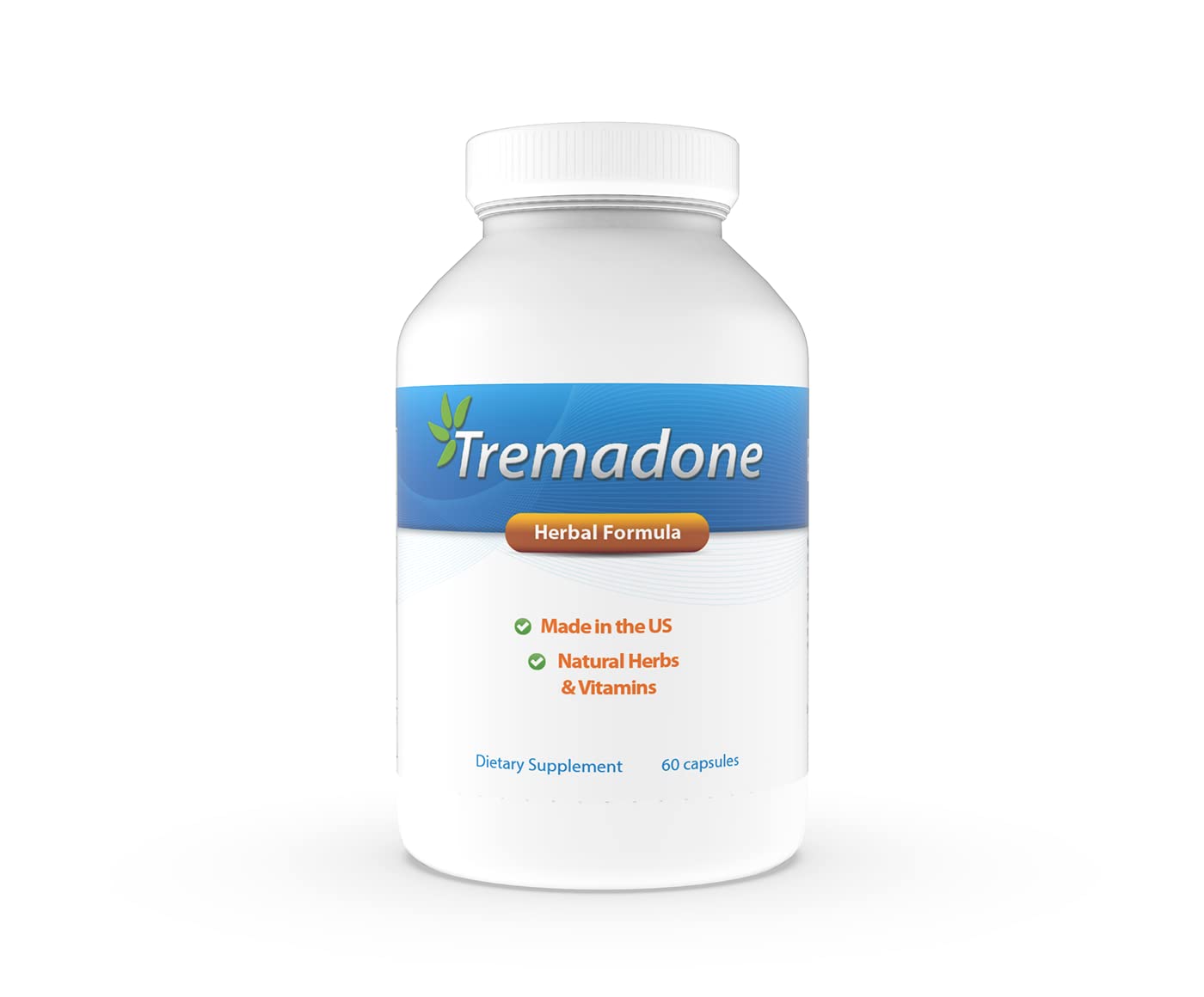 Tremadone bottle front showing a natural, gluten-free supplement.