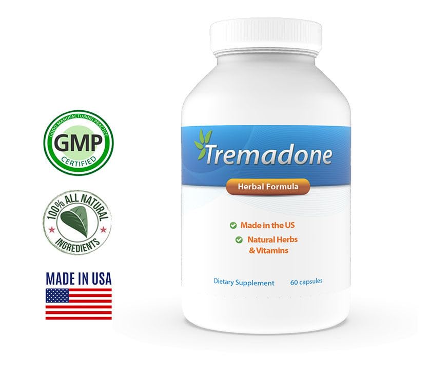 Tremadone bottle back label detailing ingredients and daily use guidance.
