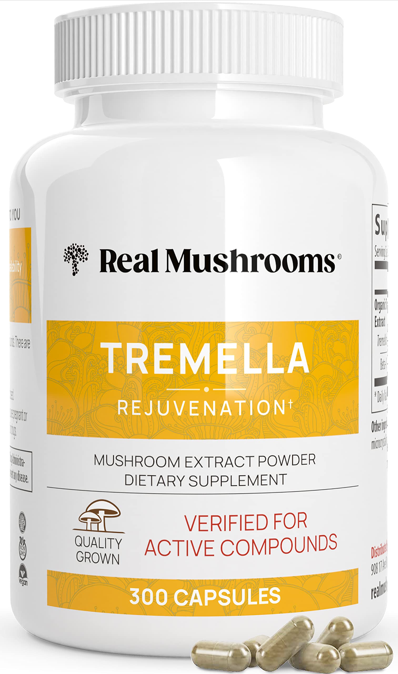 Real Mushrooms Tremella capsules bottle on white background