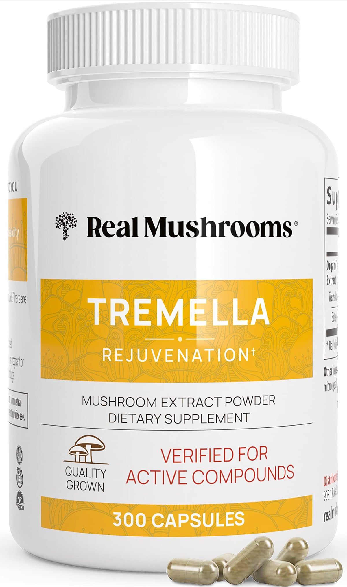 Real Mushrooms Tremella capsules bottle on white background