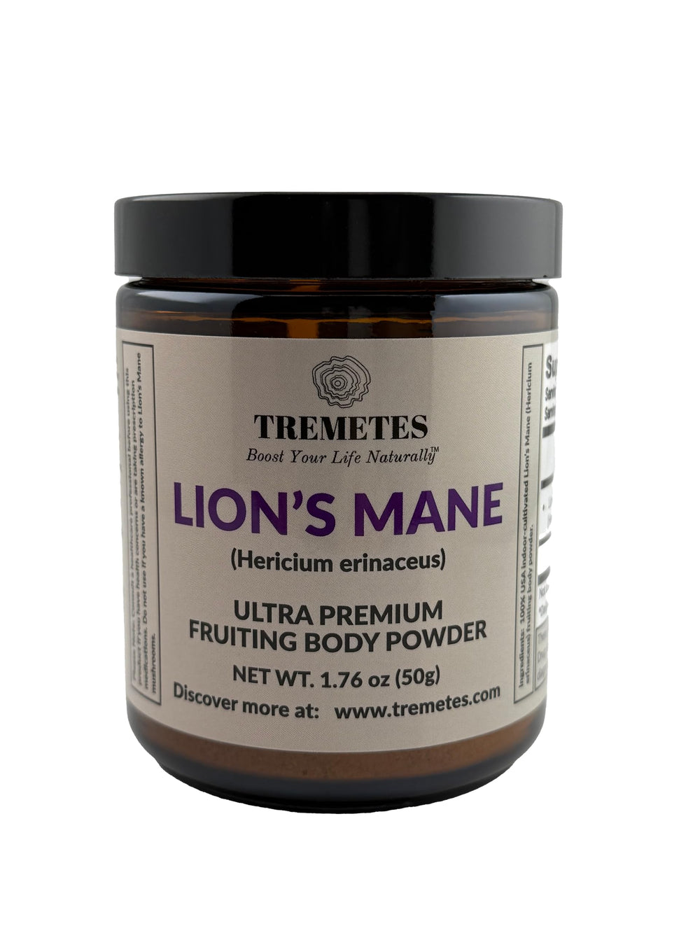 Front view of Tremetes Lion’s Mane Mushroom Powder jar