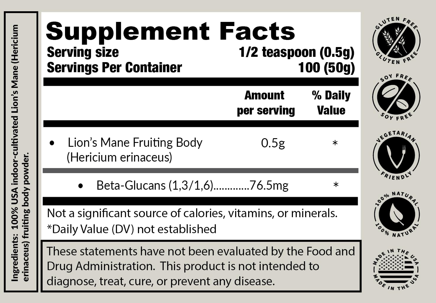 Lab test information and beta-glucan content on Tremetes box