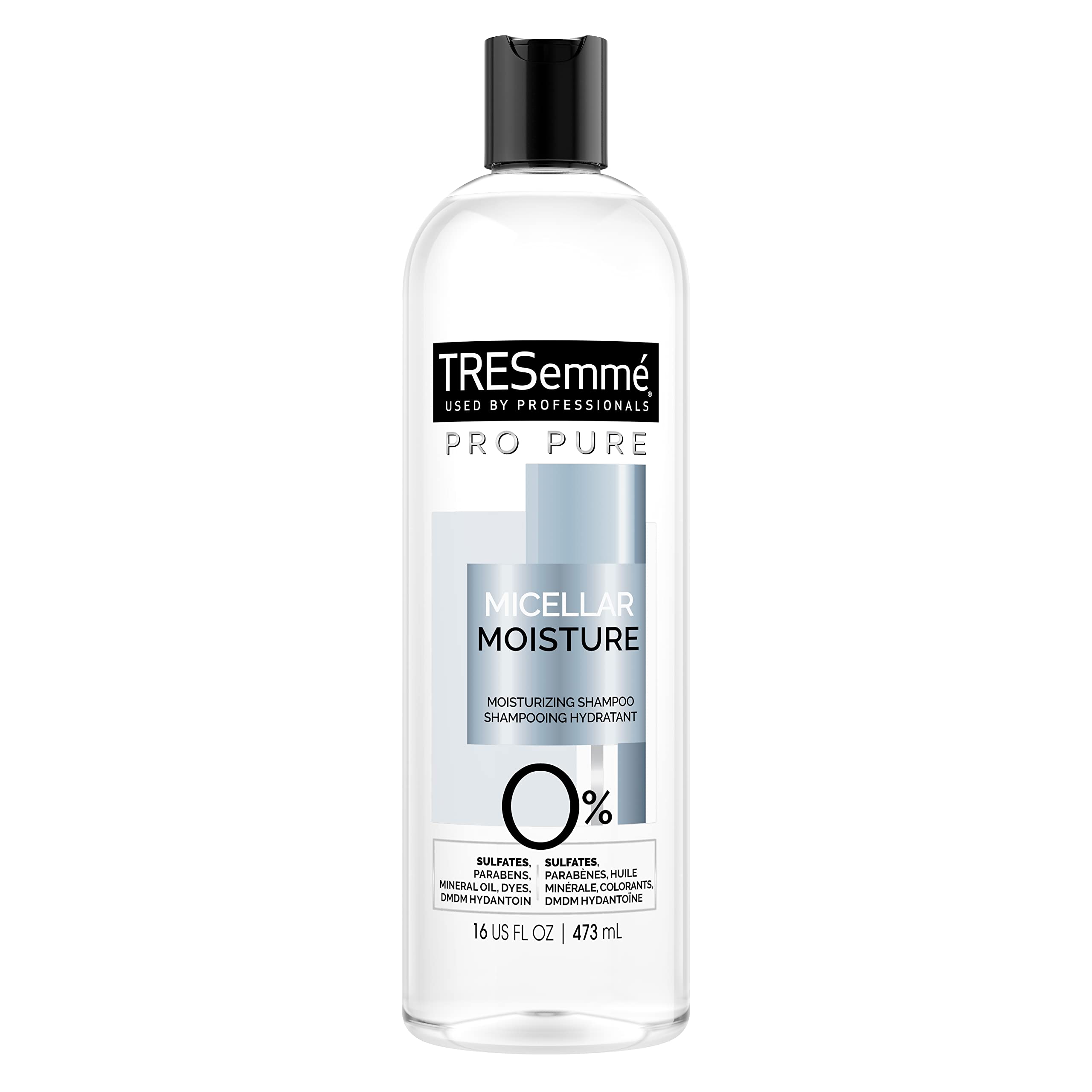 TRESemmé Pro Pure Micellar Moisture Shampoo bottle close-up highlighting hydration