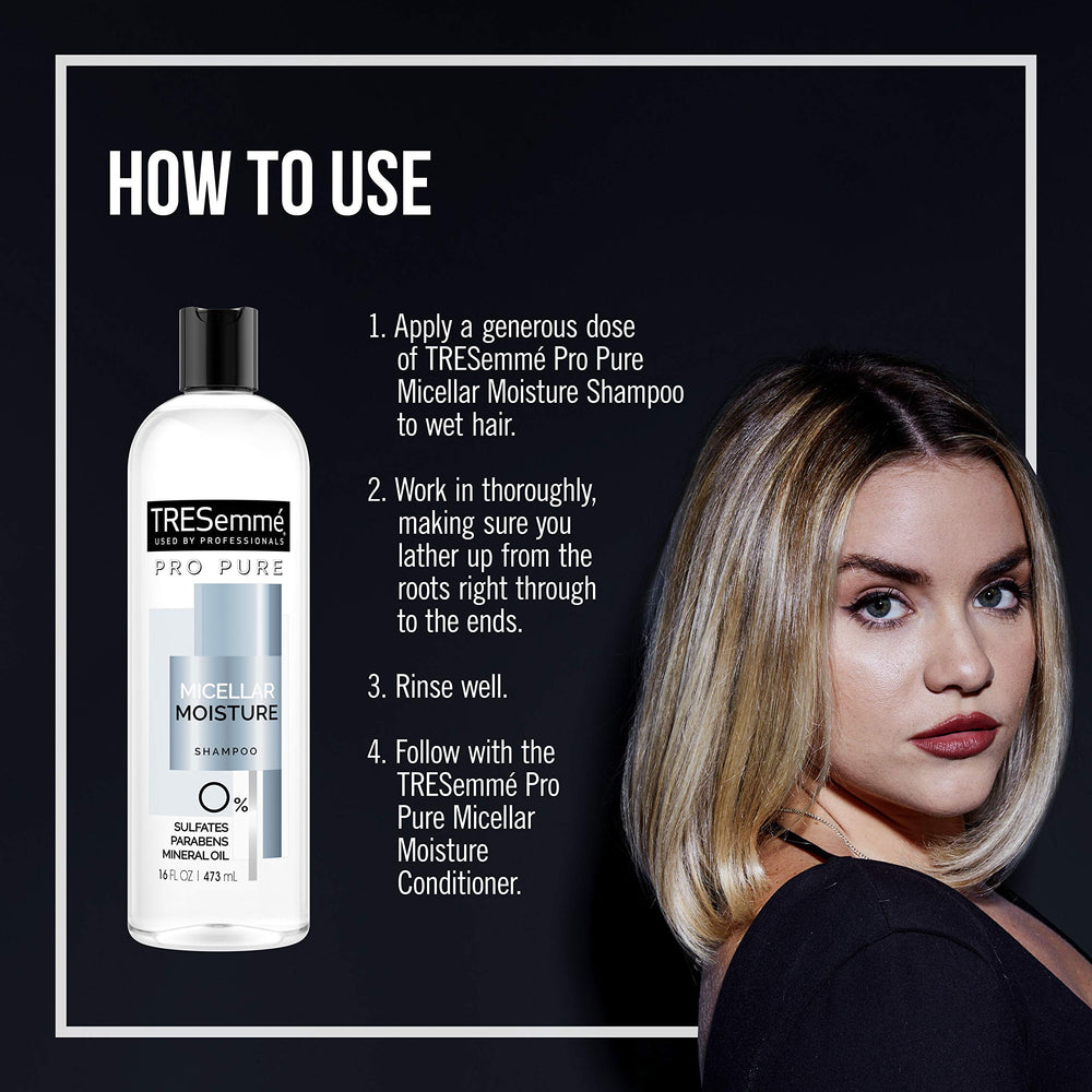 TRESemmé Pro Pure Micellar Moisture Shampoo applied on wet hair for gentle hydration