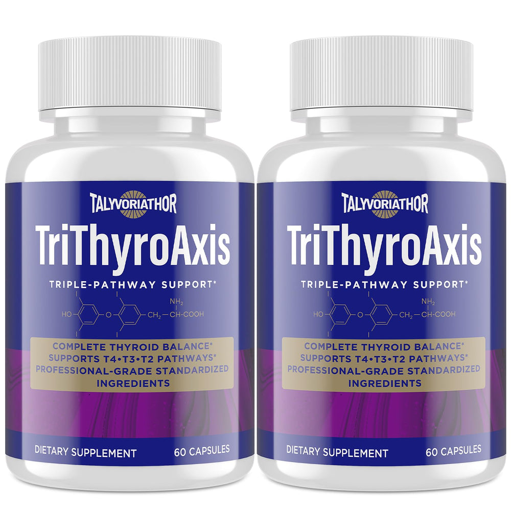 Front view of TriThyroAxis thyroid support bottle featuring 60 capsules