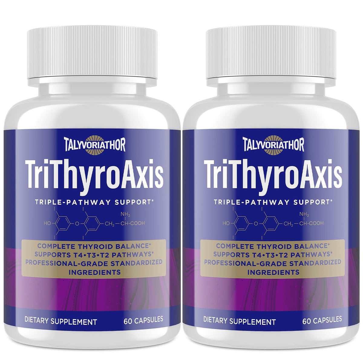 Front view of TriThyroAxis thyroid support bottle featuring 60 capsules