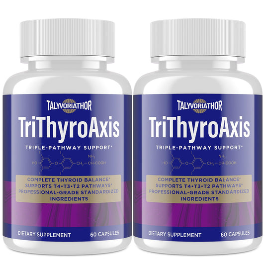 Front view of TriThyroAxis thyroid support bottle featuring 60 capsules