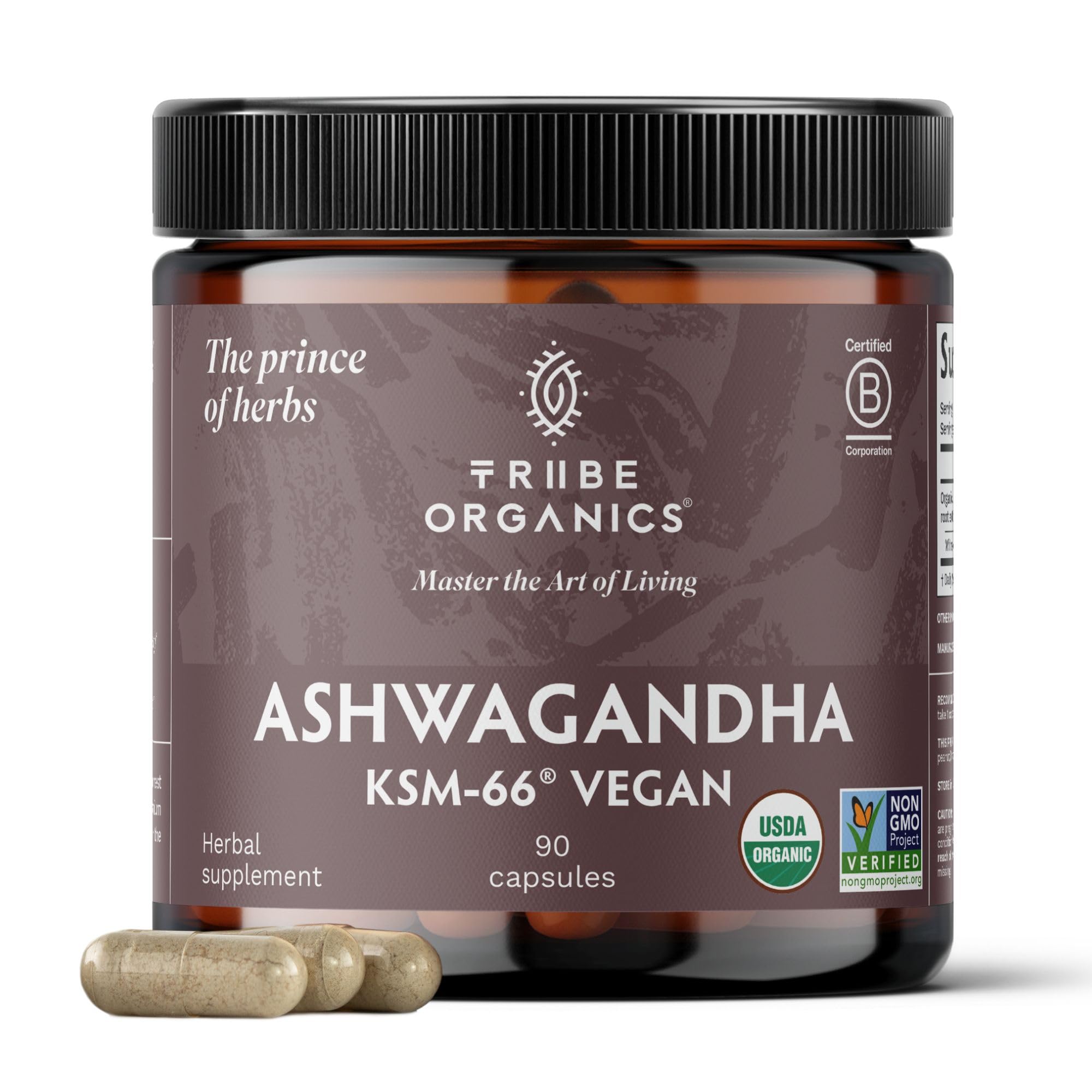 Bottle and label of TRIBE ORGANICS KSM-66 Ashwagandha 600mg capsules