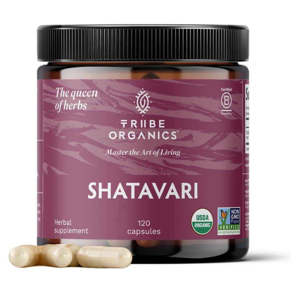 TRIBE ORGANICS Shatavari organic supplement bottle on a clean background