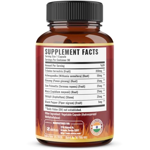 Packshot of Tribulus Terrestris capsules showing bottle and label.