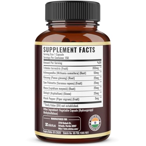 Back view of Tribulus Terrestris supplement bottle showing label