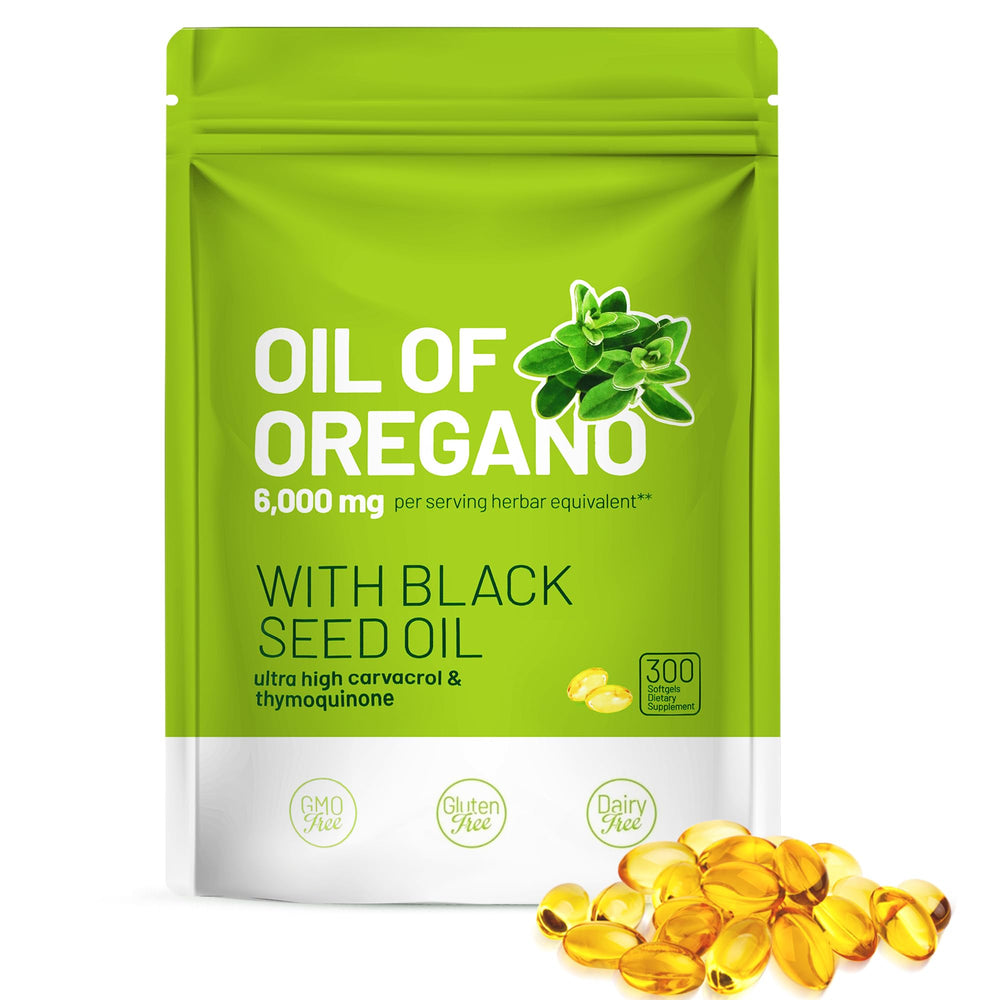 Front view of Trihood Oil of Oregano and Black Seed Oil Softgels bottle