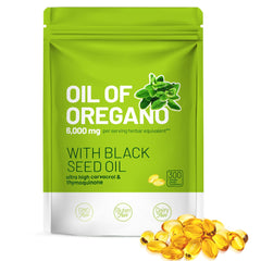 Front view of Trihood Oil of Oregano and Black Seed Oil Softgels bottle