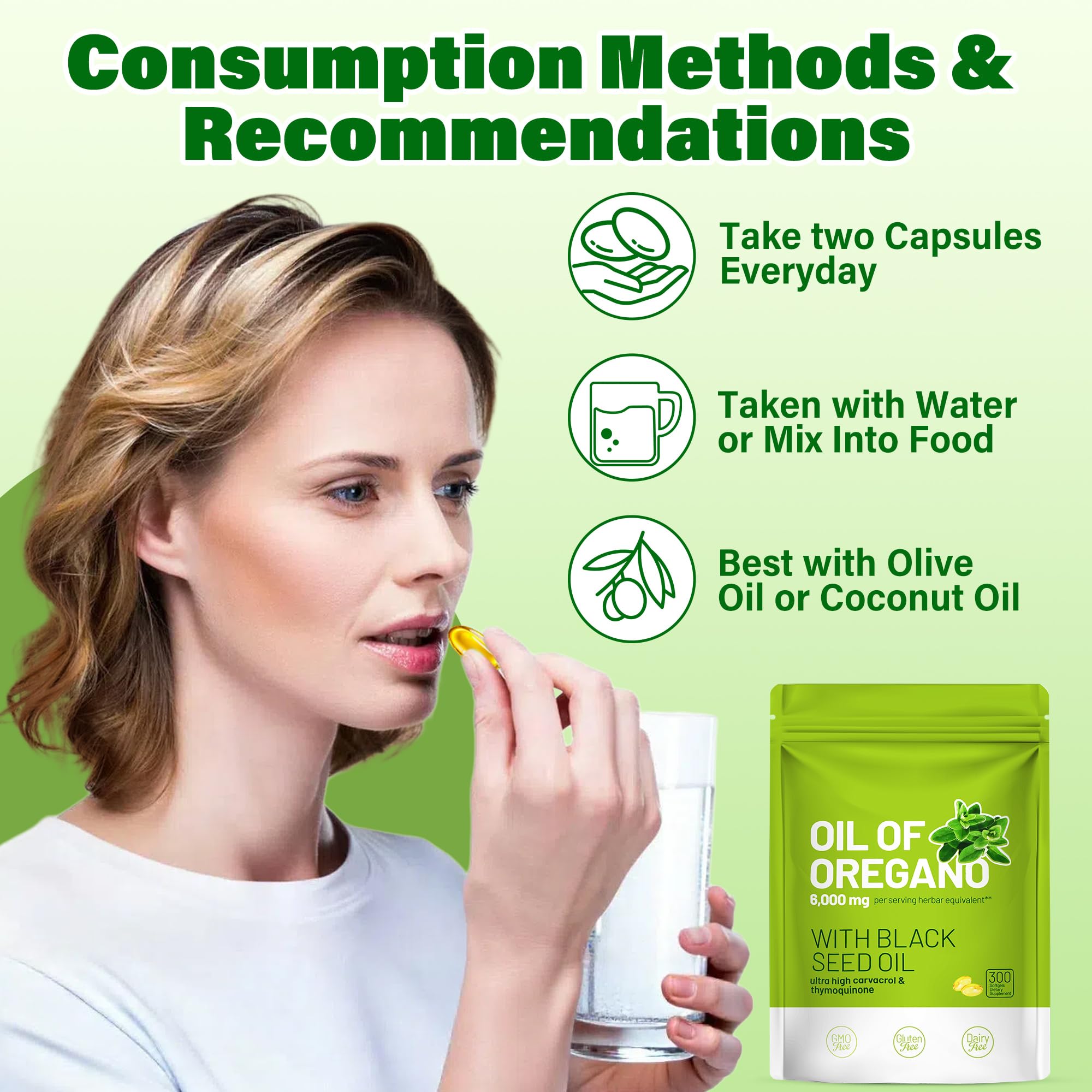 Oregano leaves and black seeds beside the softgels
