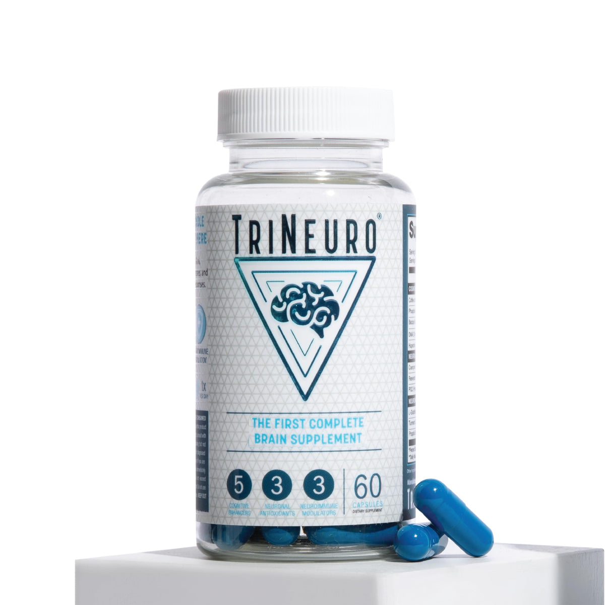 TriNeuro daily brain supplement bottle on white background
