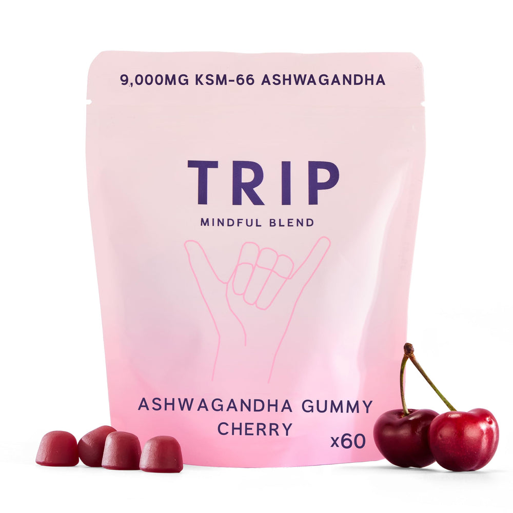 TRIP Ashwagandha Gummies hero image showing juicy cherry flavor and 60 count bottle