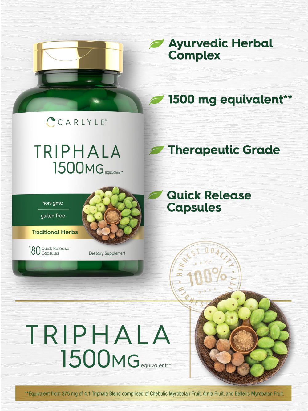 Close-up of Triphala capsules in a bottle